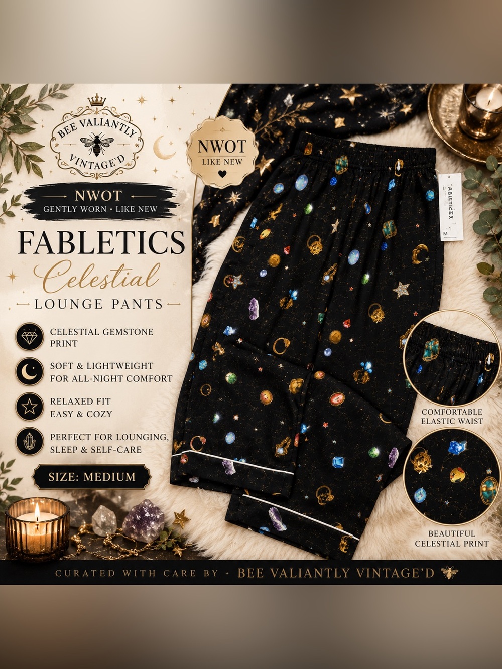 NWT Fabletics Celestial Gemstone Pajama Lounge Pants Black Size M